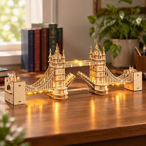 Puzzle 3D en bois du pont de Londres assemble, pose sur un bureau