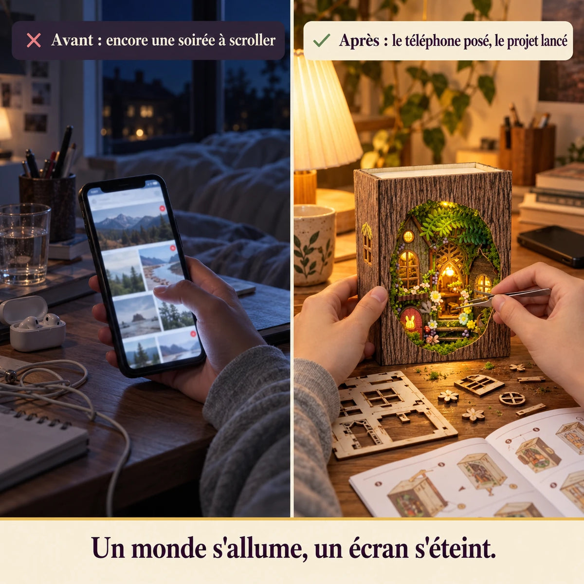 Avant après : téléphone posé puis montage du book nook Le Refuge de la Clairière