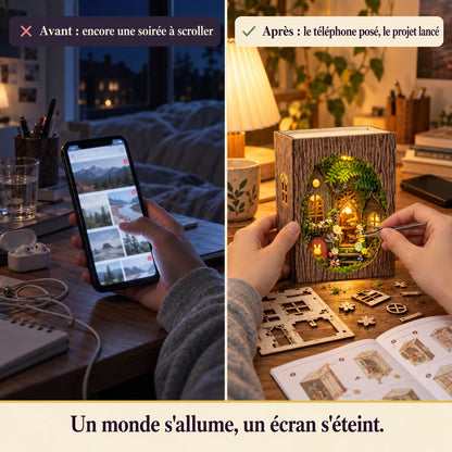 Avant après : téléphone posé puis montage du book nook Le Refuge de la Clairière