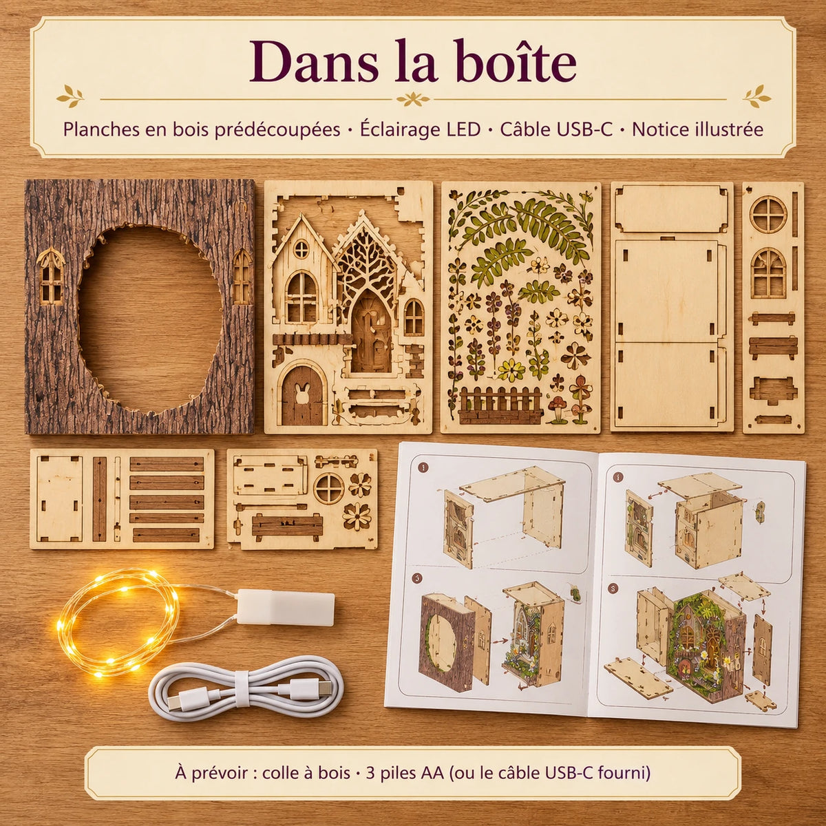Contenu du kit Le Refuge de la Clairière : pièces en bois, LED, câble USB-C et notice