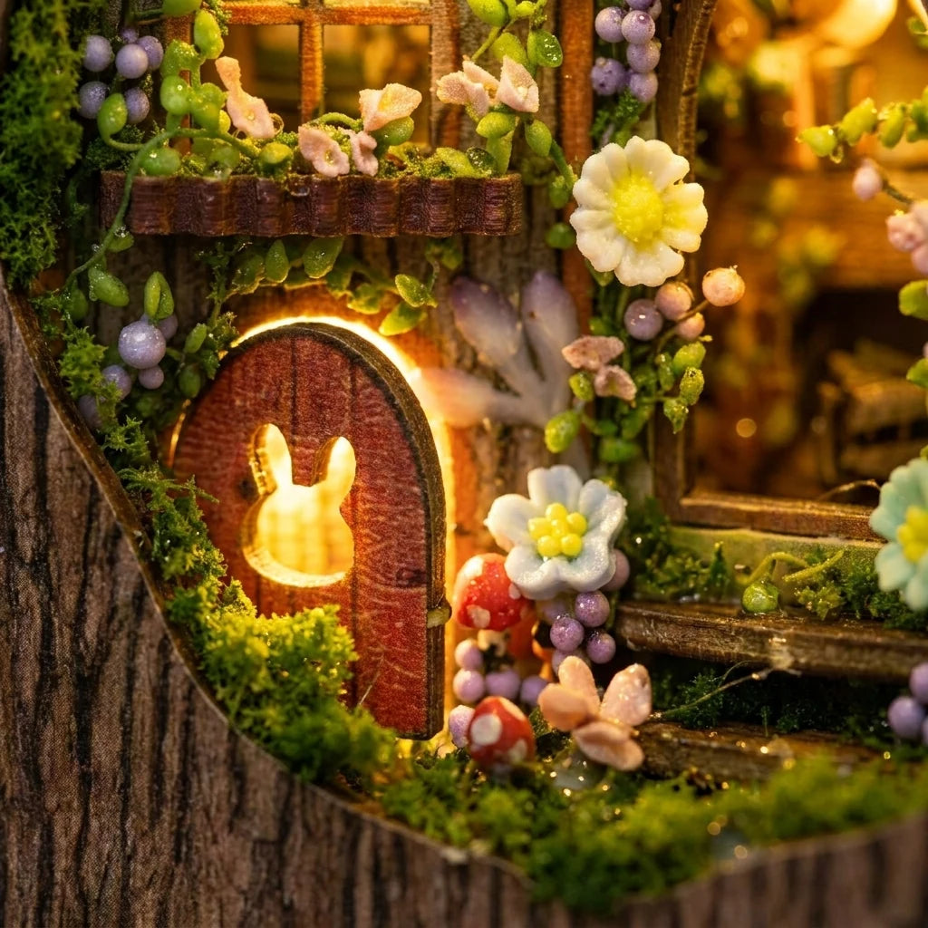 Détail macro de la porte miniature en forme de lapin, mousse et fleurs du Refuge de la Clairière