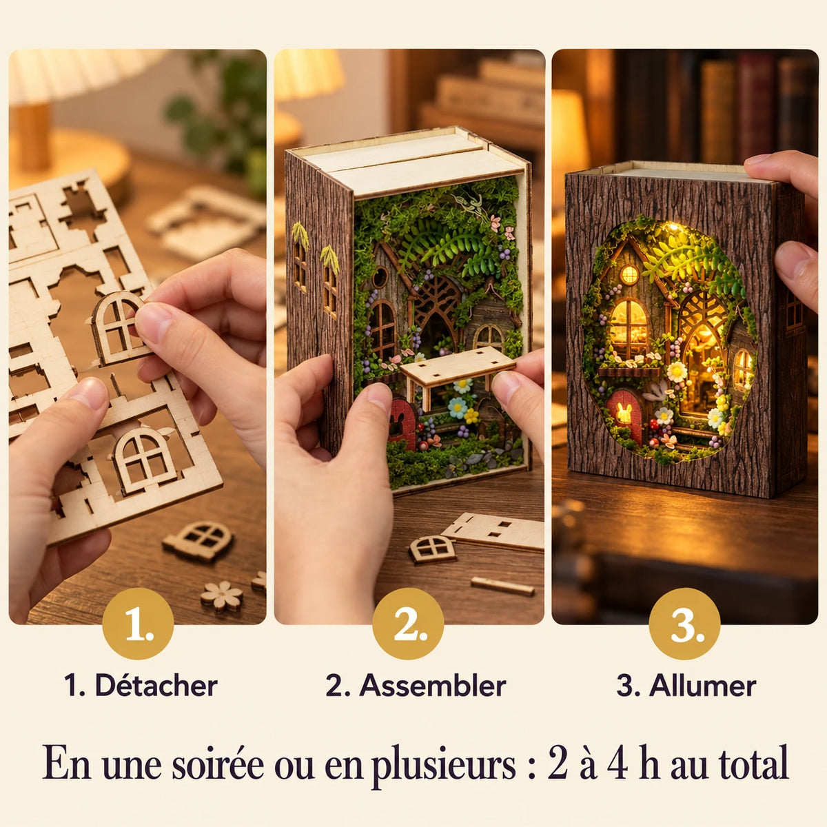 Les trois étapes de montage du Refuge de la Clairière : détacher, assembler et allumer