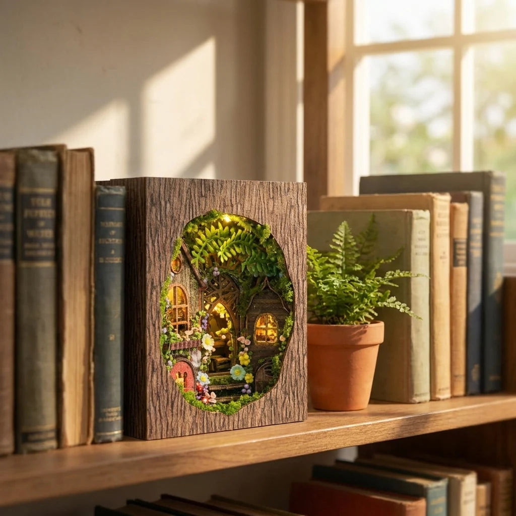 Le Refuge de la Clairière posé sur une étagère entre des livres, ambiance lumineuse