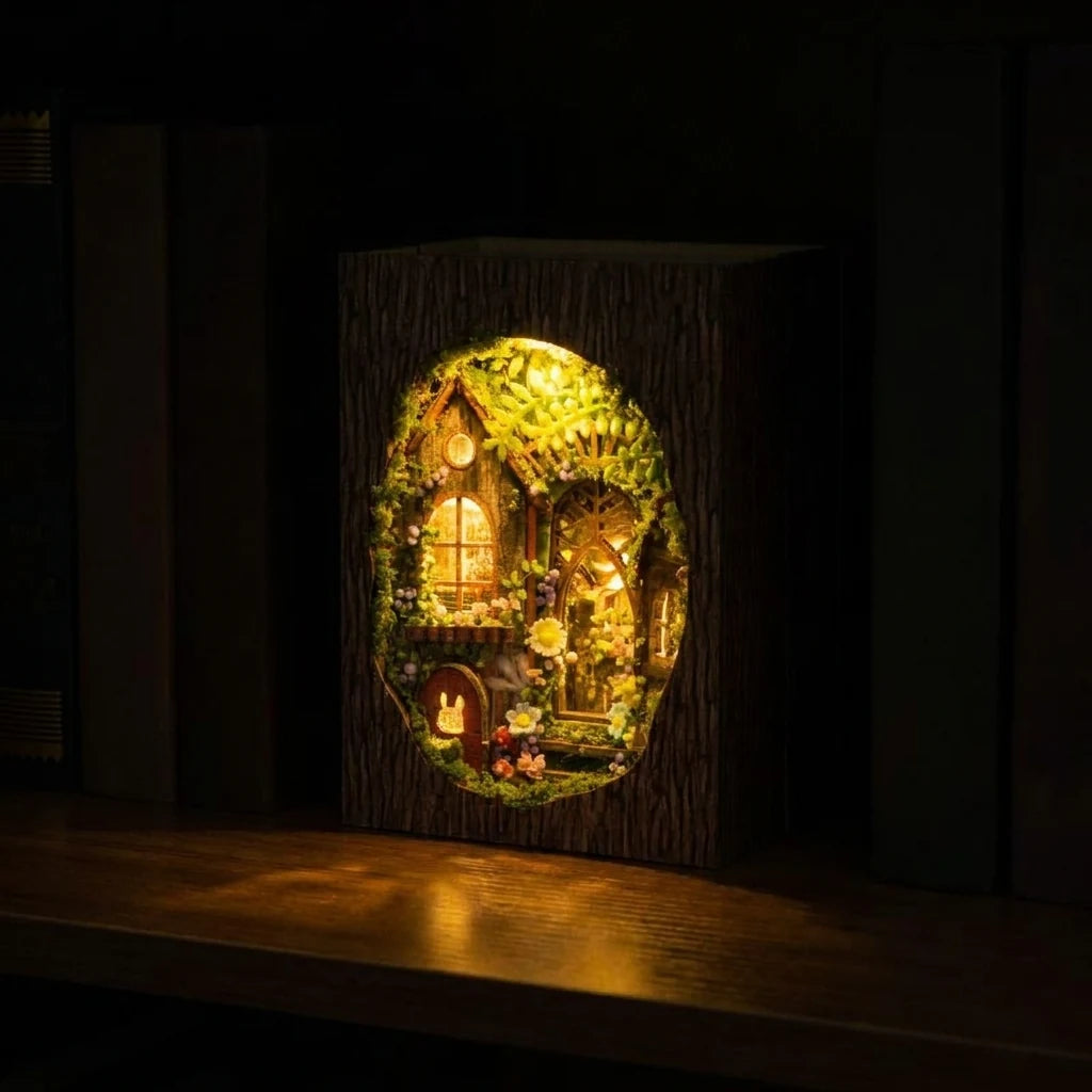 Le Refuge de la Clairière dans une pièce sombre, seule source de lumière chaude