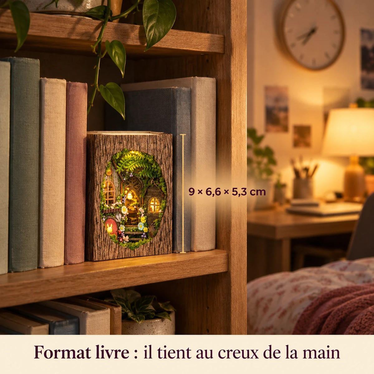 Le Refuge de la Clairière illuminé entre deux livres, dimensions 9 × 6,6 × 5,3 cm