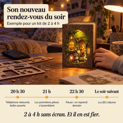 Le Refuge de la Clairière terminé au soir suivant, téléphone retourné sur le bureau