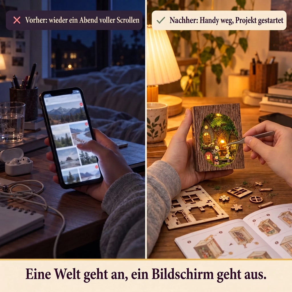 Vorher/Nachher: Handy weg, Aufbau des Book Nook Waldlichtung-Zuflucht