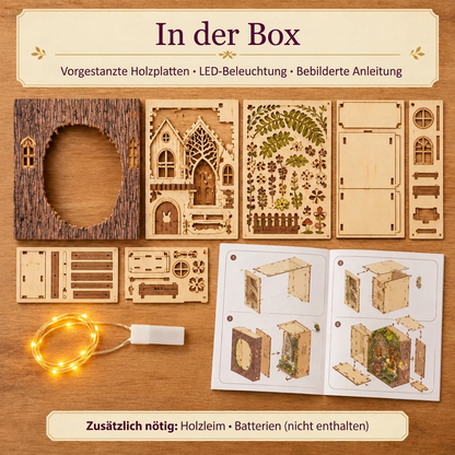 Inhalt des Sets Waldlichtung-Zuflucht: vorgestanzte Holzplatten, LED und Anleitung