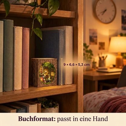 Book Nook Waldlichtung-Zuflucht leuchtend zwischen zwei Büchern, Maße 9 × 6,6 × 5,3 cm