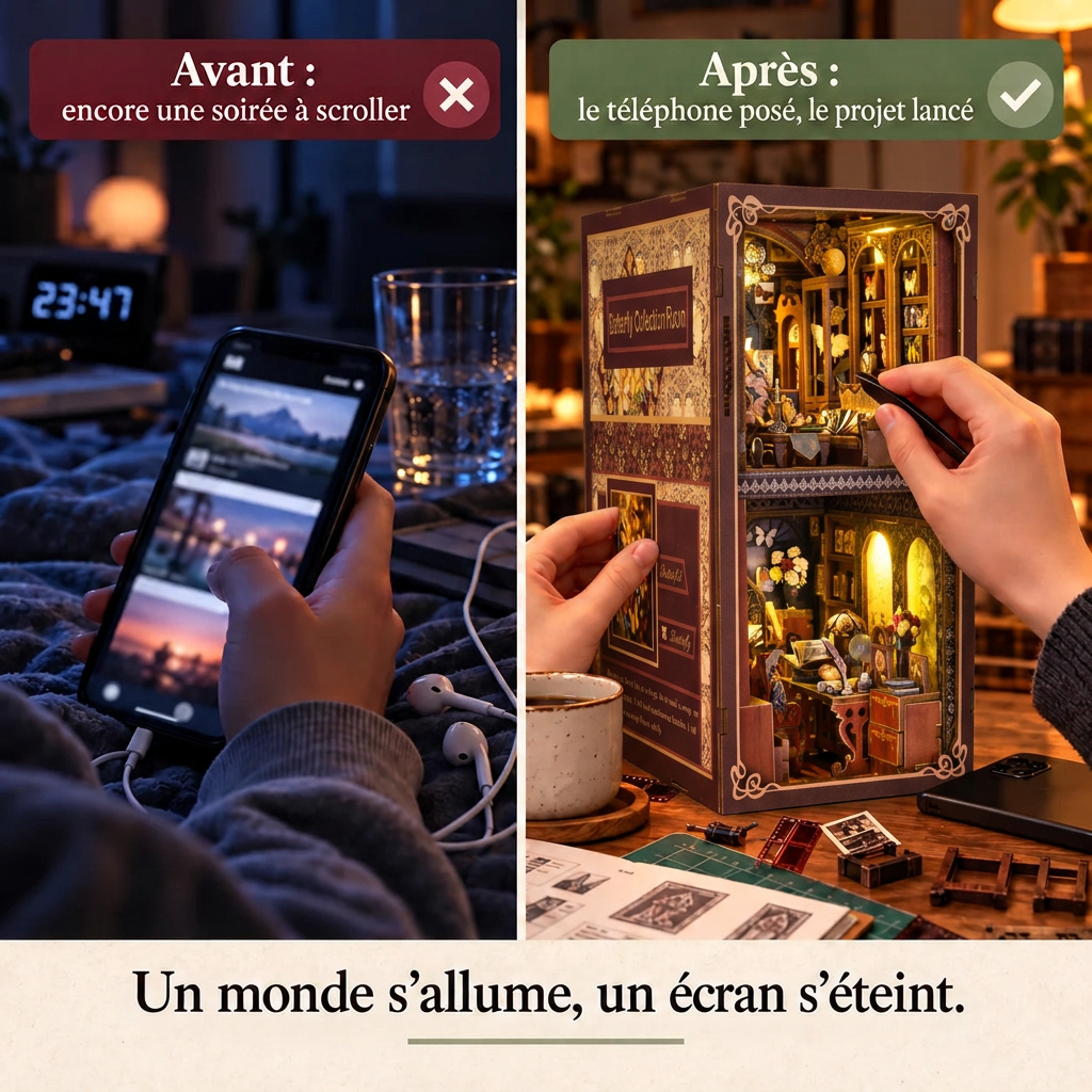 Avant après : téléphone posé et montage du Cabinet aux Papillons lancé