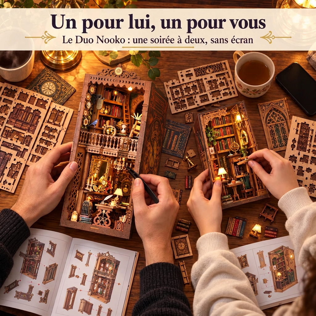 Duo Nooko : adulte et adolescent montent deux kits dont La Bibliothèque de l’Horloge