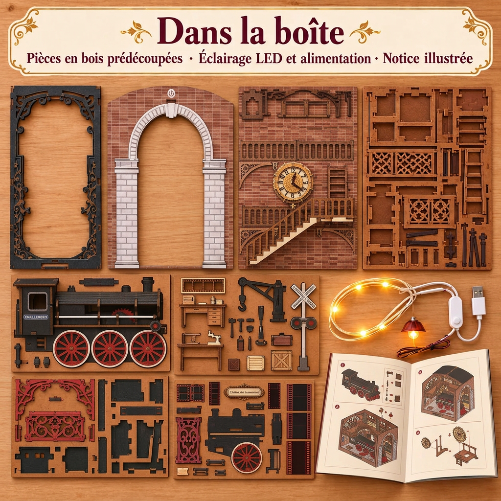 Contenu du kit L'Atelier des Locomotives : pièces en bois, LED et notice