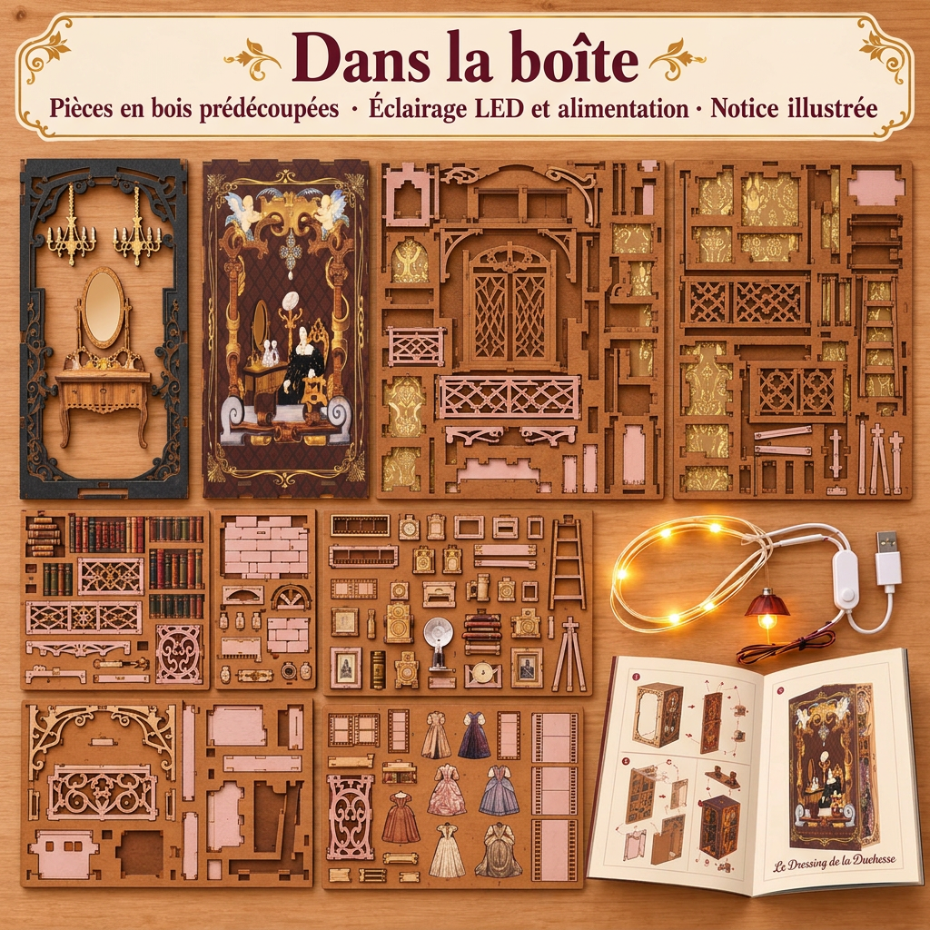 Contenu du kit Le Dressing de la Duchesse : pièces en bois, LED et notice