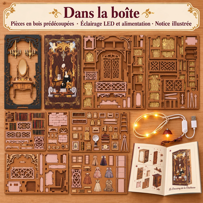 Contenu du kit Le Dressing de la Duchesse : pièces en bois, LED et notice