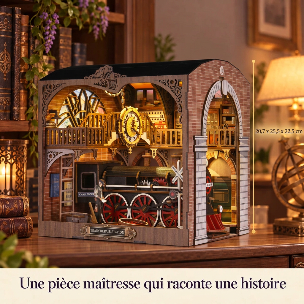 L'Atelier des Locomotives exposé dans un intérieur, dimensions 20,7 × 25,5 × 22,5 cm