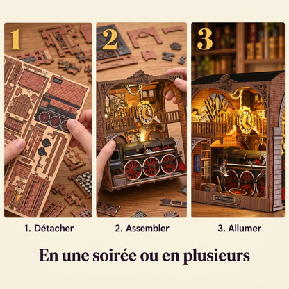 Les étapes de montage de L'Atelier des Locomotives : détacher, assembler, allumer