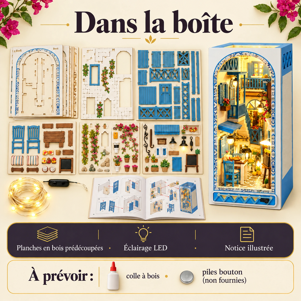 What's in the Santorini Lane box: pre-cut wood, LED and instructions