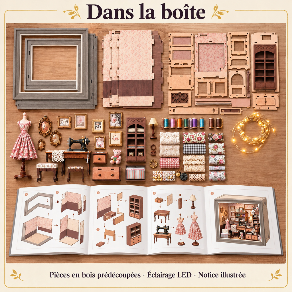 What's in the Lily's Sewing Studio box: wooden pieces, LED lighting and illustrated instructions