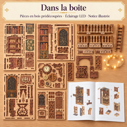 Contenu du kit La Bibliothèque de l’Horloge : pièces en bois, LED et notice