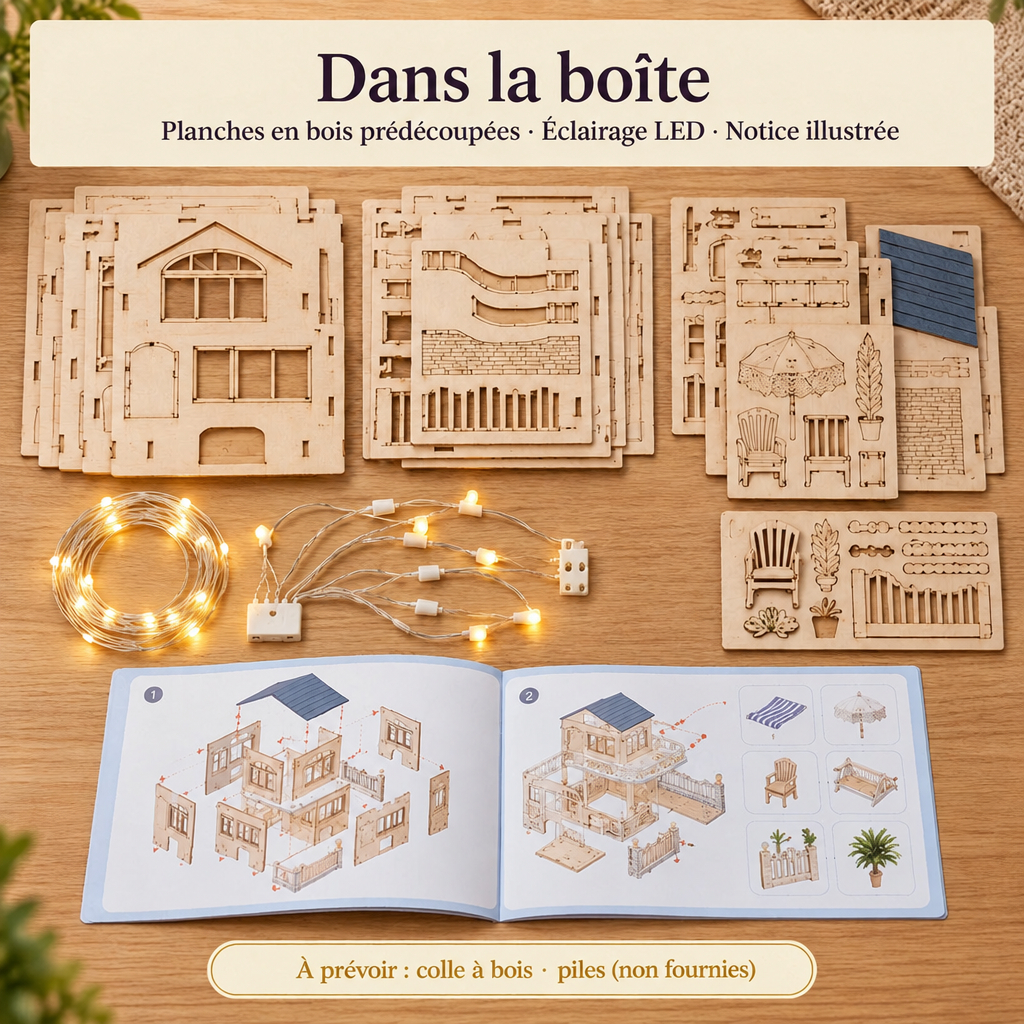 What's in the Riviera Villa kit — pre-cut wood, LED and instructions