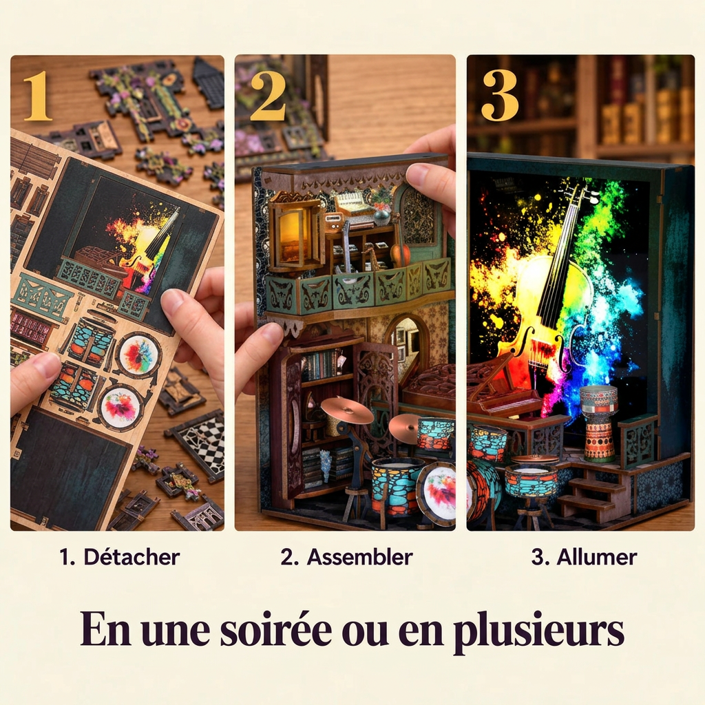 Les étapes de montage du Studio de Musique : détacher, assembler, allumer