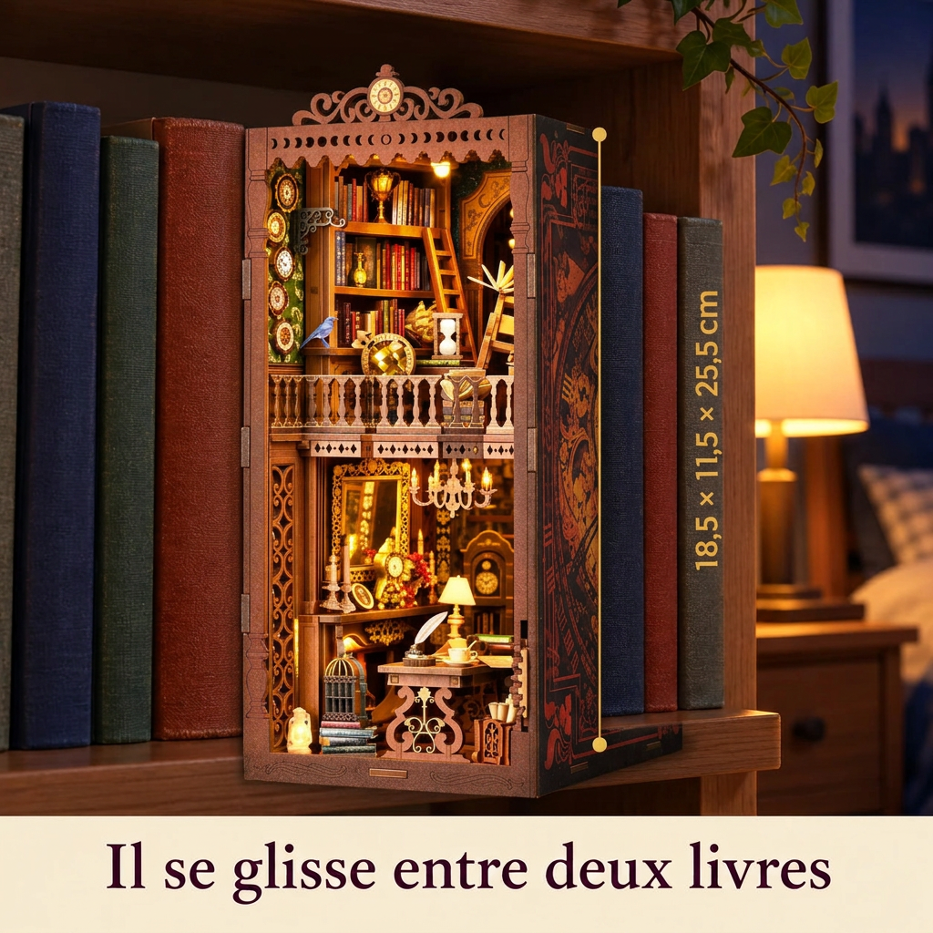 La Bibliothèque de l’Horloge entre deux livres, dimensions 18,5 × 11,5 × 25,5 cm