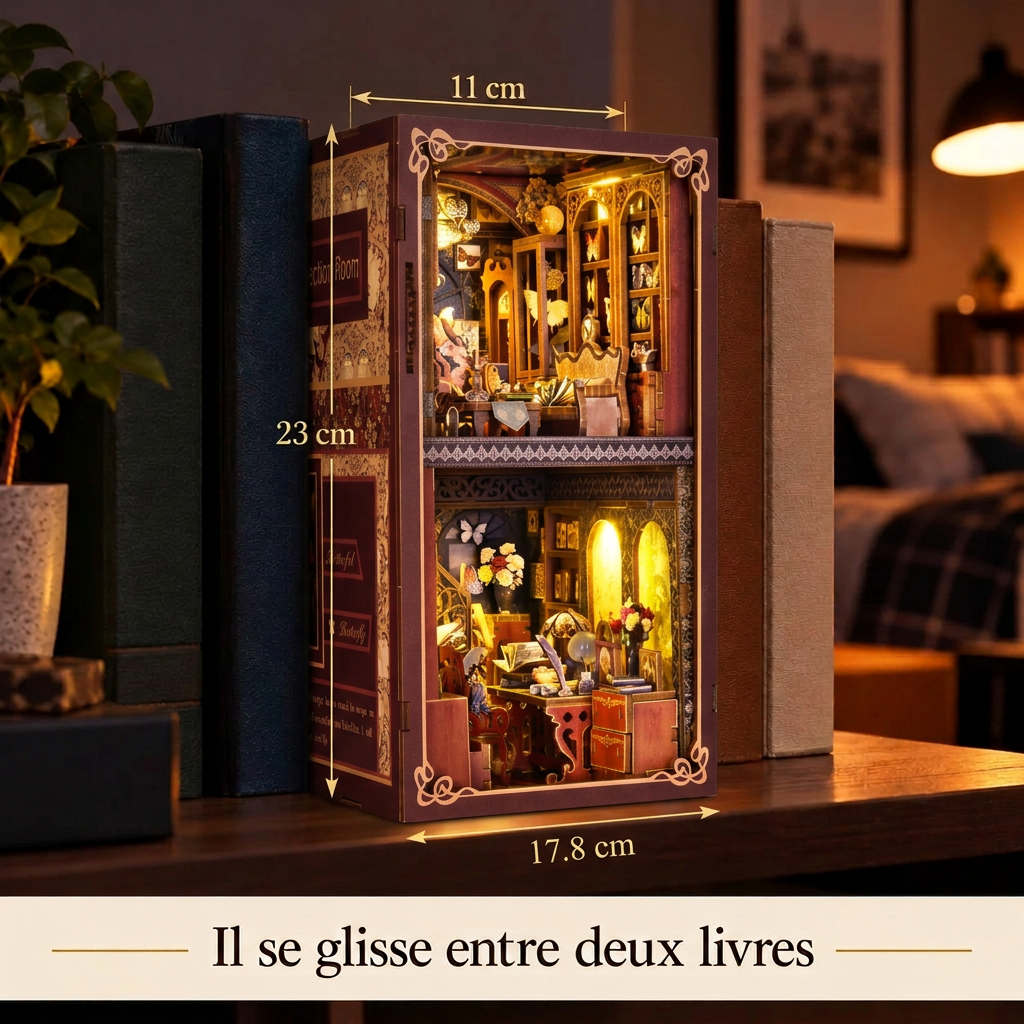 Le Cabinet aux Papillons entre deux livres, dimensions 17,8 × 11 × 23 cm
