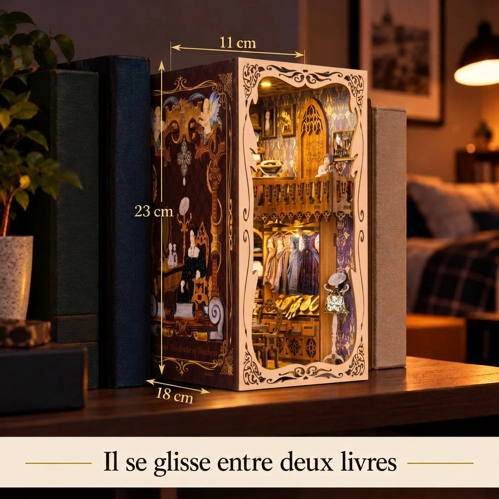 Le Dressing de la Duchesse entre deux livres, dimensions 18 × 11 × 23 cm
