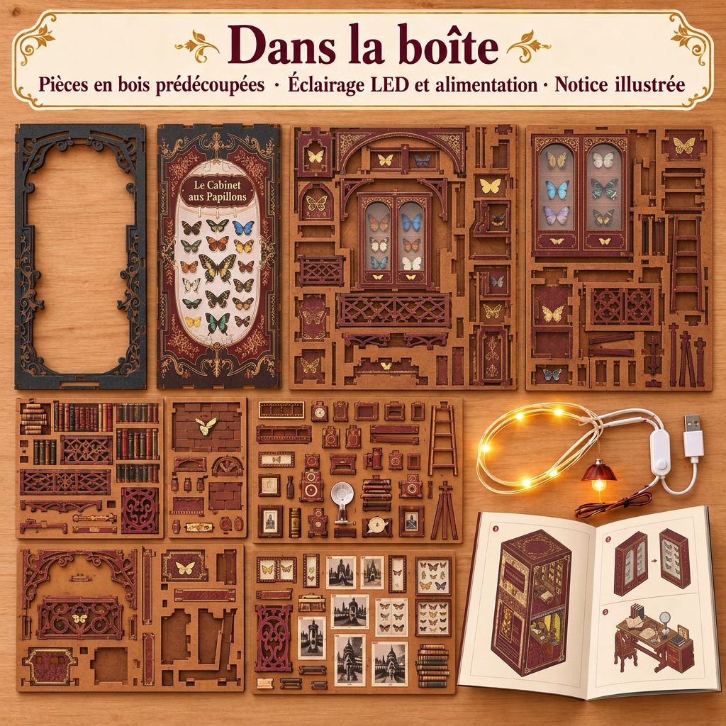 Contenu du kit Le Cabinet aux Papillons : pièces en bois, LED et notice