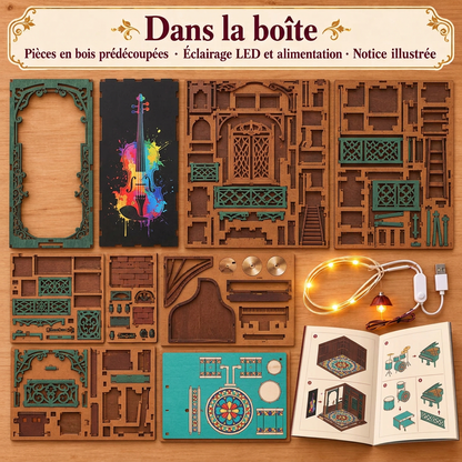 Contenu du kit Le Studio de Musique : pièces en bois, LED et notice