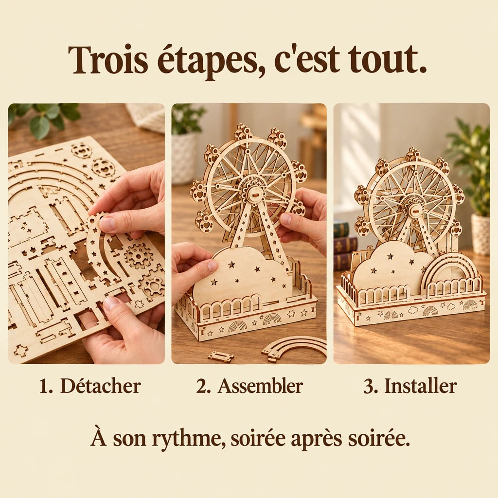 The three build steps of the Little Rainbow Ferris Wheel