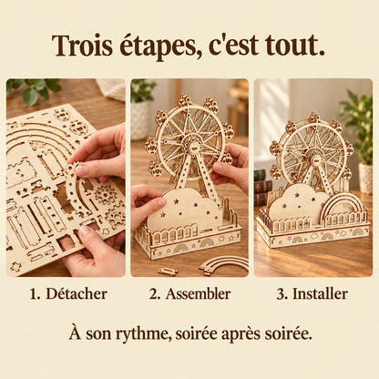 The three build steps of the Little Rainbow Ferris Wheel