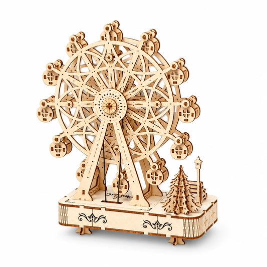 Spieluhr-Riesenrad von NOOKO, aufgebaut, auf weißem Hintergrund