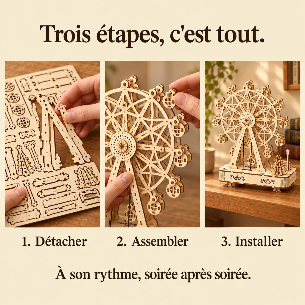 Les trois étapes de montage de La Grande Roue Boîte à Musique