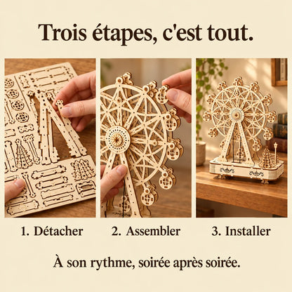 Les trois étapes de montage de La Grande Roue Boîte à Musique