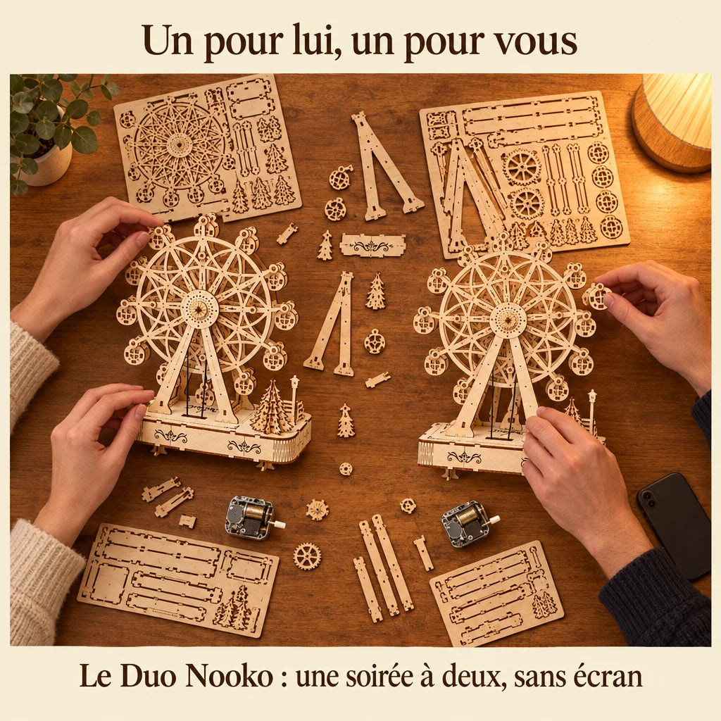 Deux personnes construisent un kit NOOKO côte à côte, une soirée sans écran