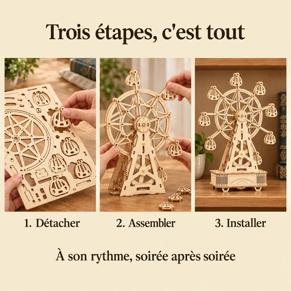The three build steps of the Classic Musical Ferris Wheel