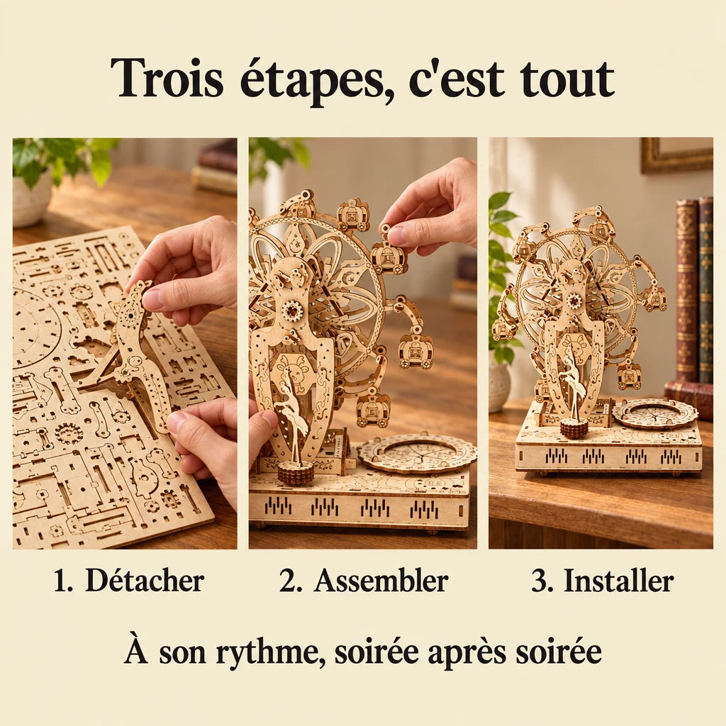 The three build steps of the Musical Ferris Wheel with Figurine