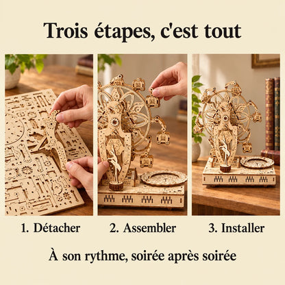 The three build steps of the Musical Ferris Wheel with Figurine