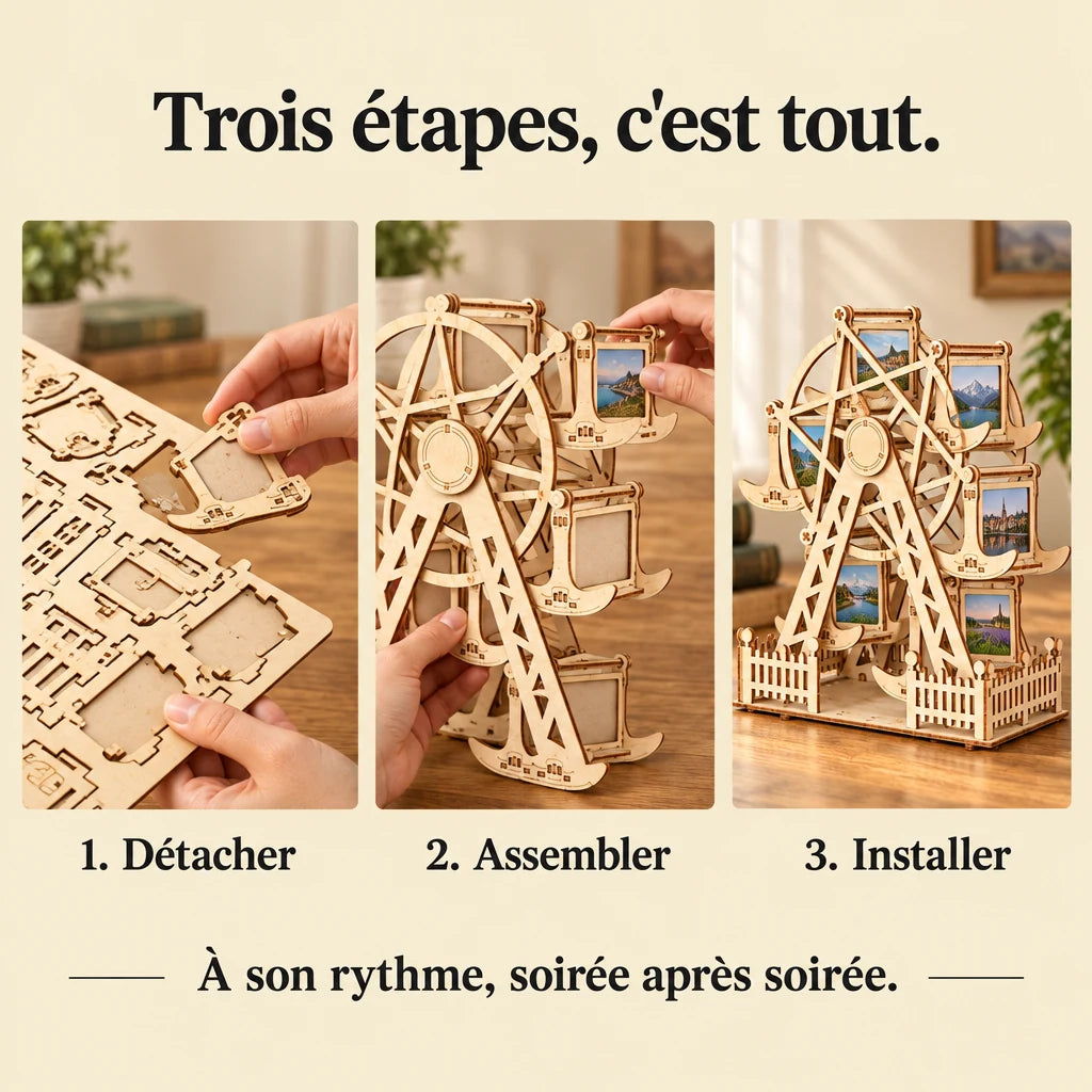 The three build steps of the Photo Holder Ferris Wheel