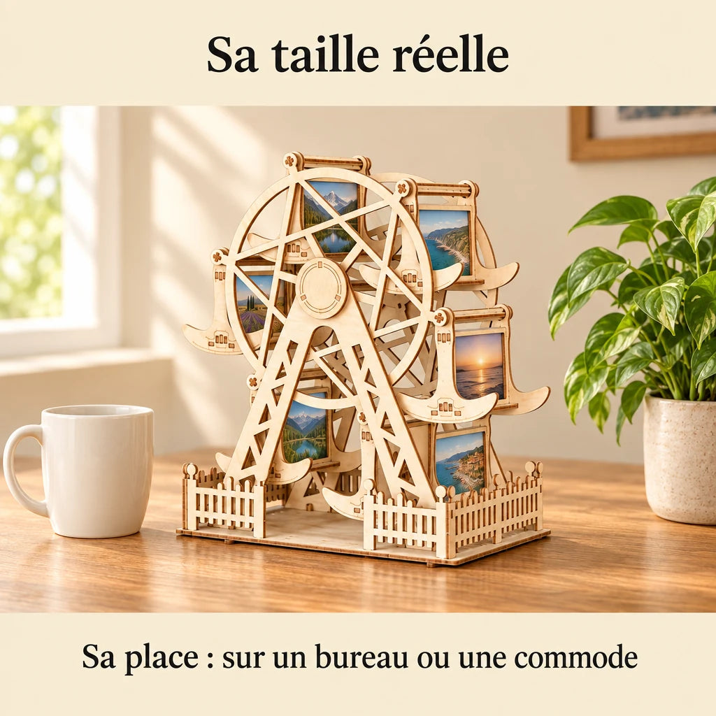 The Photo Holder Ferris Wheel filled with photos, on a desk