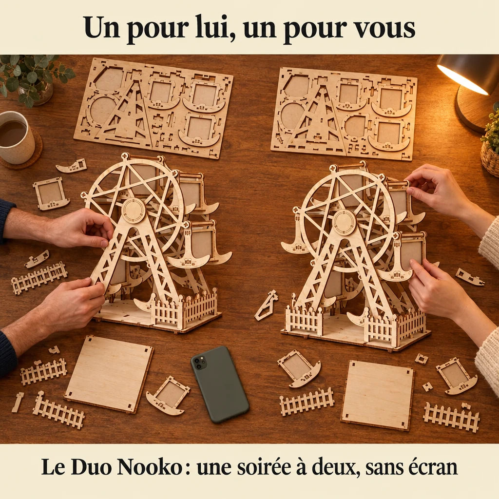 Two people building a NOOKO kit side by side, a screen-free evening