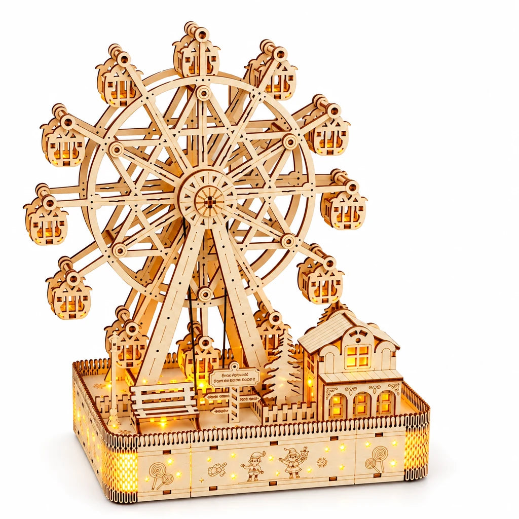 The Ferris Wheel and Its Glowing Village by NOOKO, assembled and lit up on a white background