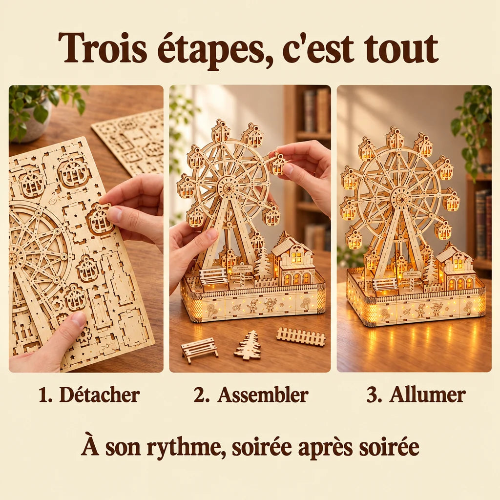 The three build steps of the Ferris Wheel and Its Glowing Village