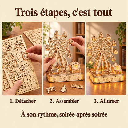 The three build steps of the Ferris Wheel and Its Glowing Village