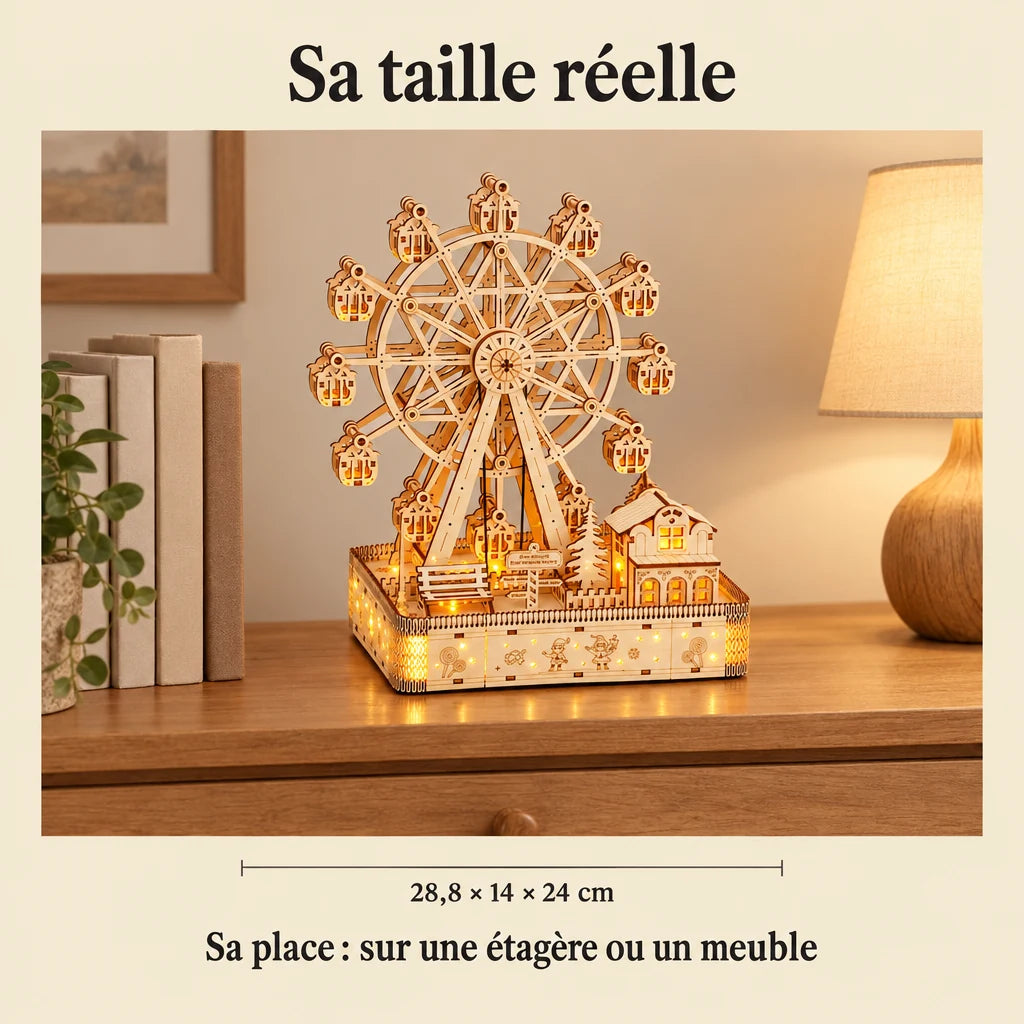The Ferris Wheel and Its Glowing Village on a dresser, dimensions 28.8 × 14 × 24 cm