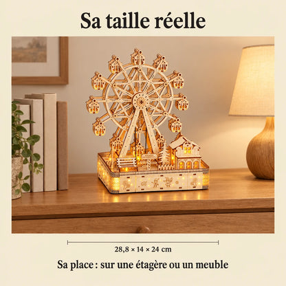 The Ferris Wheel and Its Glowing Village on a dresser, dimensions 28.8 × 14 × 24 cm