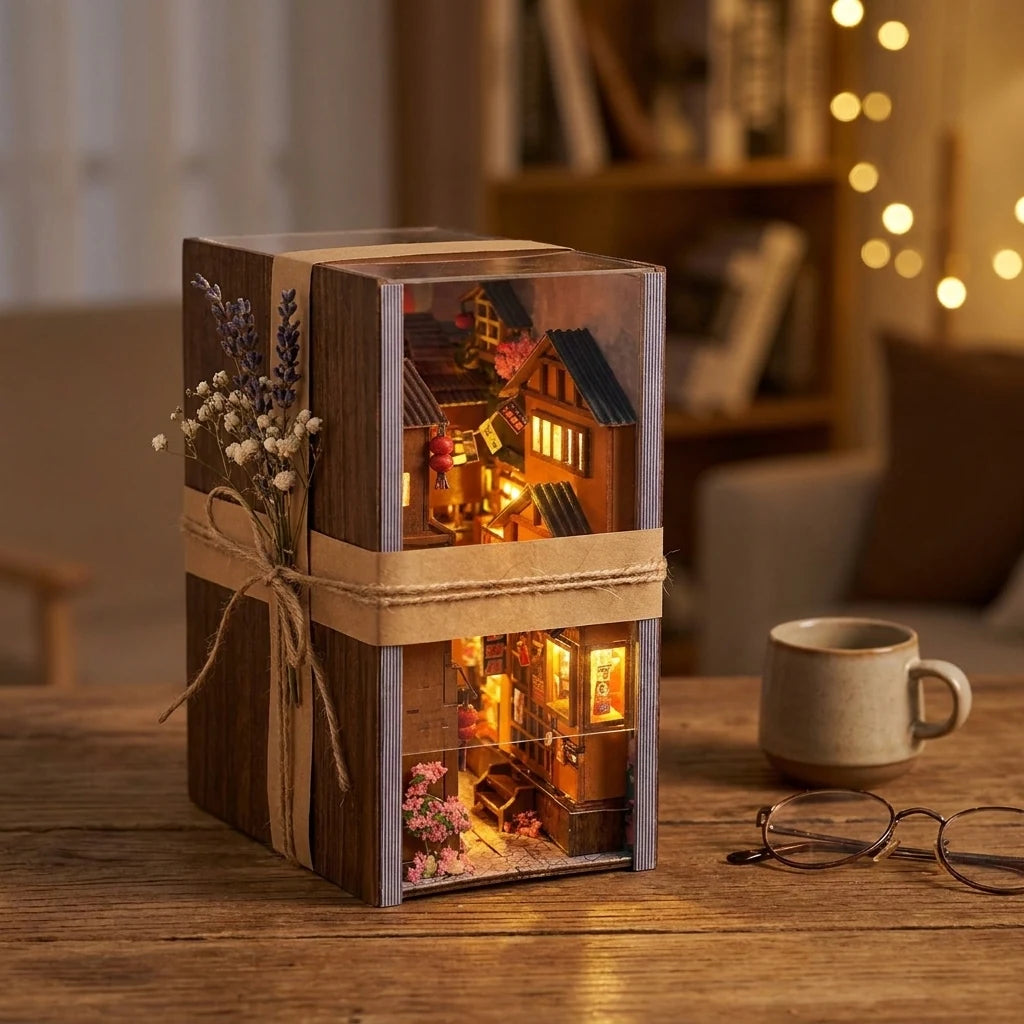 Kit book nook Ruelle de Kyoto présenté en idée cadeau avec ruban et fleurs séchées