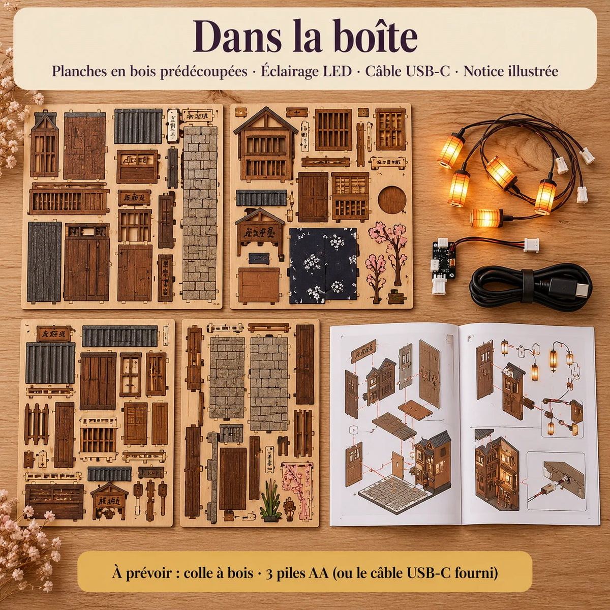 Contenu du kit Ruelle de Kyoto — bois prédécoupé, LED, câble USB-C et notice