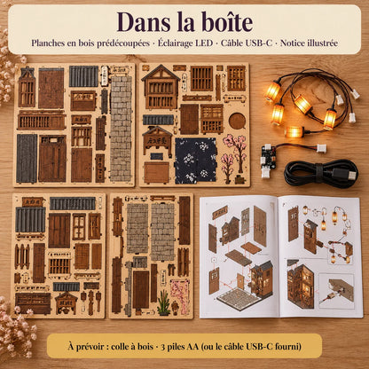 Contenu du kit Ruelle de Kyoto — bois prédécoupé, LED, câble USB-C et notice